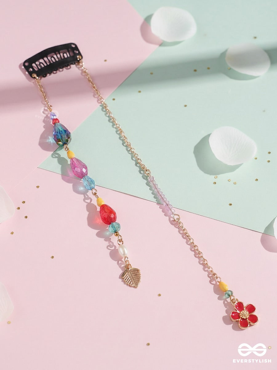 Rainbow Twinkle – Gold Chain Hair Clip With Multicolour Beads And Cherry Charm