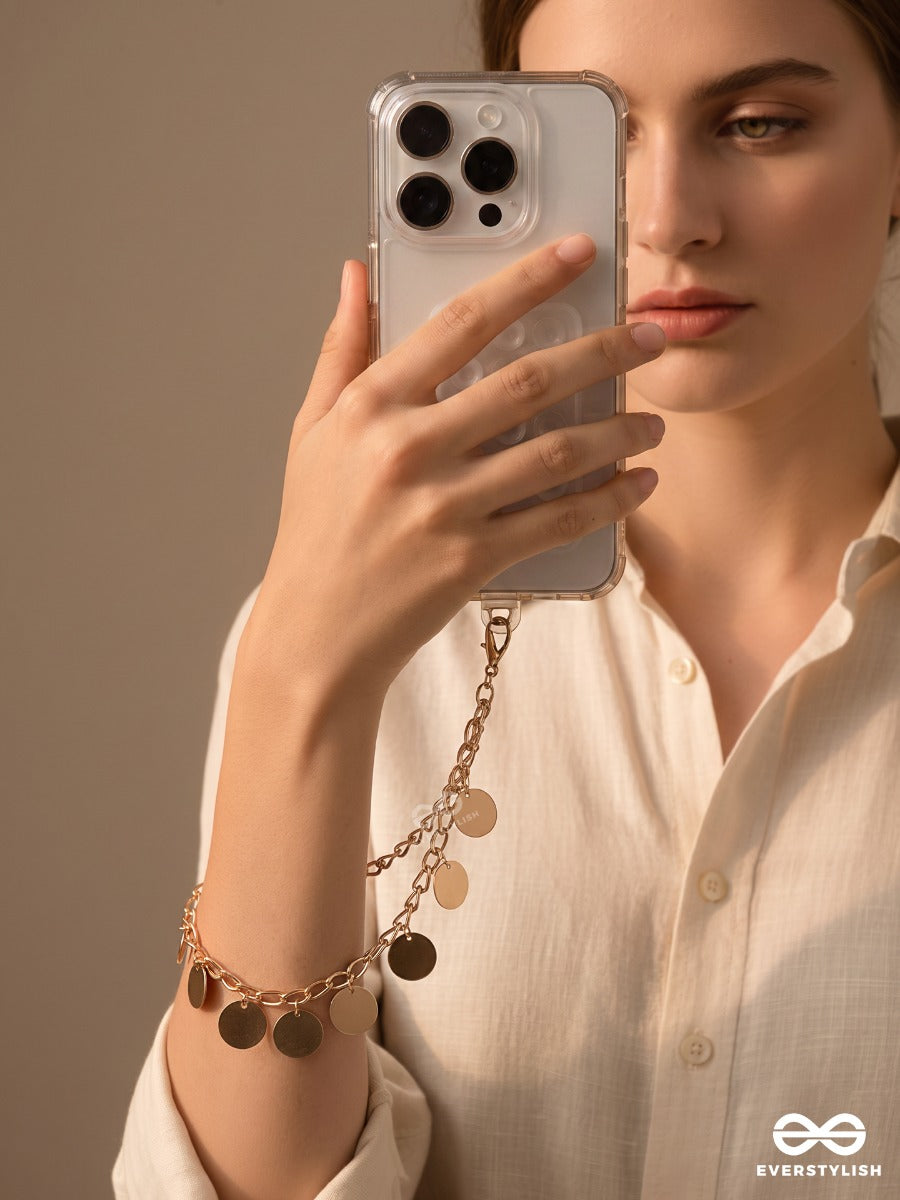 Golden Disco – Gold-Tone Chain Phone Sling With Round Charms