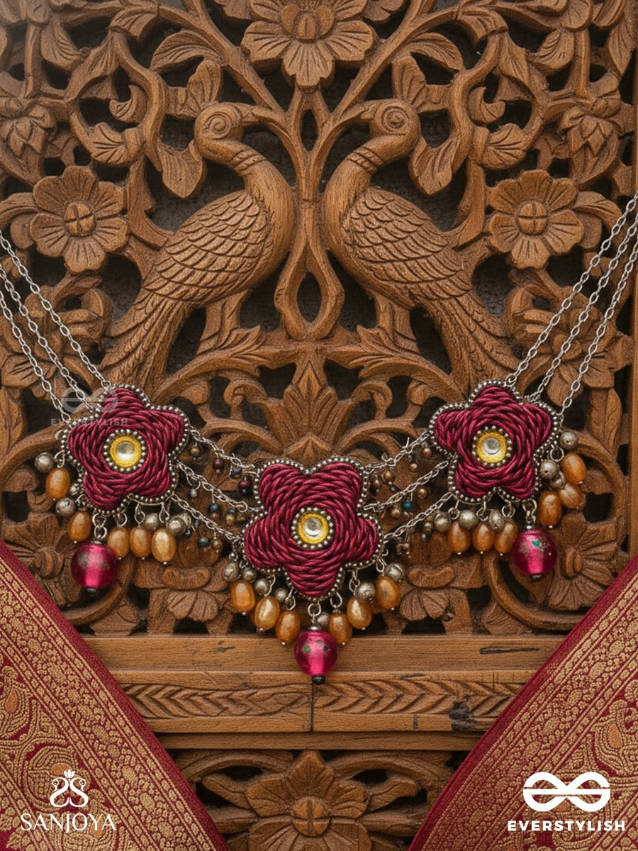 Sumanas - The Burgundy Flowers - Mirror, Resham, Dabka And Glass Drops Hand Embroidered Oxidised Choker Neckpiece