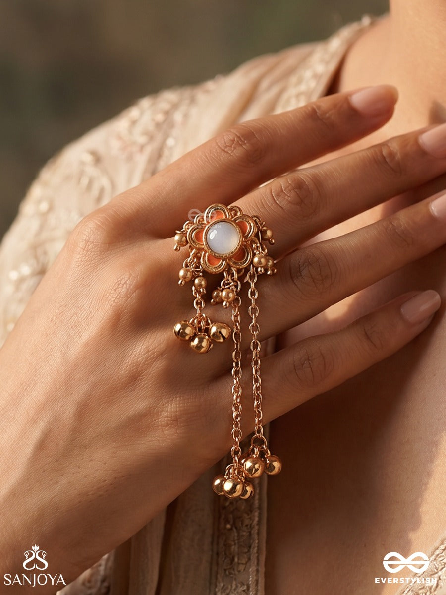 Kokilanjali – Offering Of Melody – Festive Ring With Pearl Centre, Golden Ghungroos And Flowing Chains