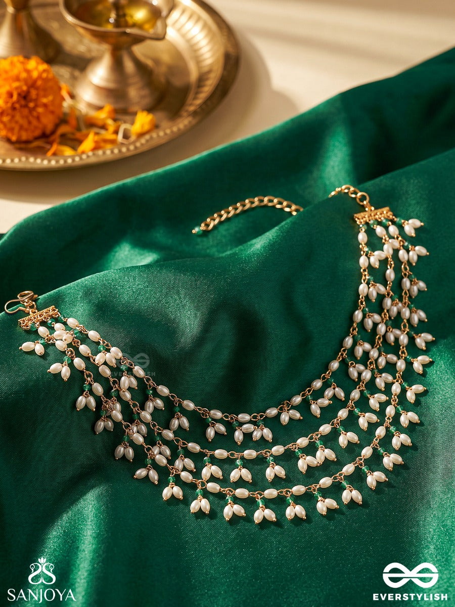 Nooran – Filled With Light – Ornate Multi-Purpose 3-In-1 Layered Chain With Cascading Pearl Clusters, Aqua Beads And Delicate Golden Links
