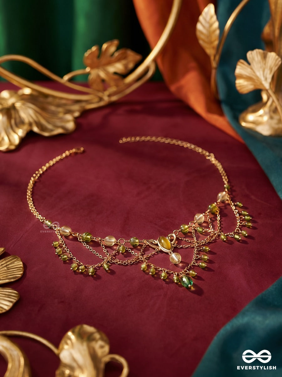Sage Shimmer – Layered Green Crystal Beaded Drape Necklace With Golden Details