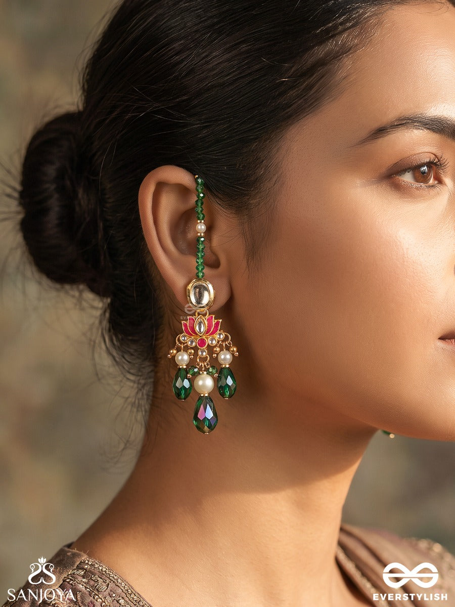 Naqsha – Artful Design – Heritage Sahara Kaanchain Earrings With Floral Kundan Motifs, Emerald Drops And Beaded Chains