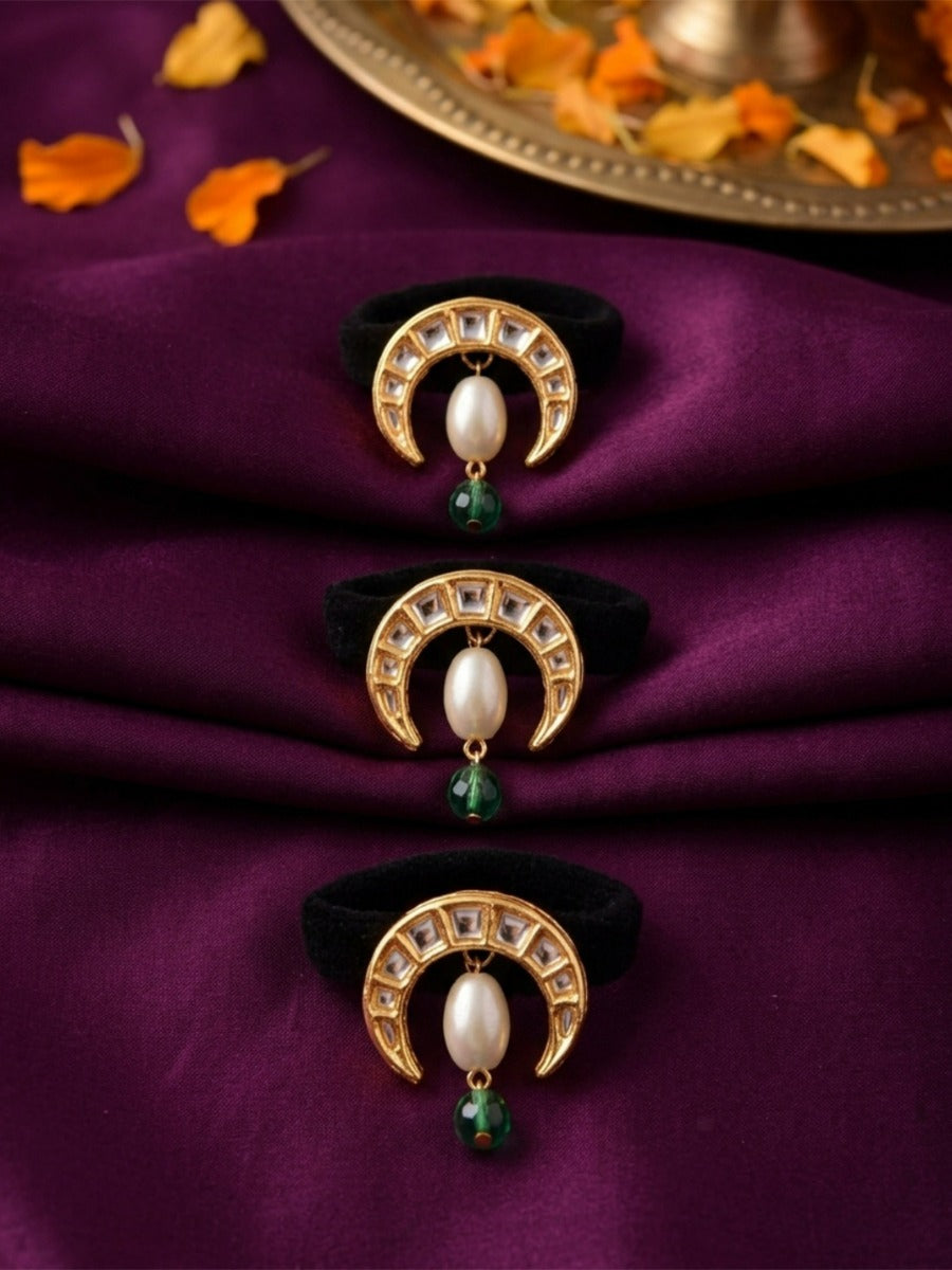 Ratnika - Little Jewel - Pack Of 3 Hair Accessories With Crystal-Studded Golden Crescent Motifs, Pearl Centres And Green Gem Drops