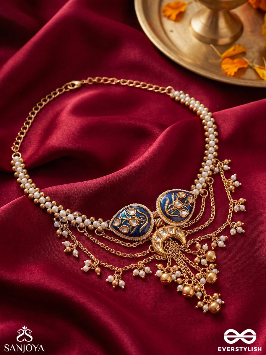 Vaijayanti – Garland Of Victory – Heritage Armlet (Single) With Navy Enamel Motifs, Pearl Strands, Ghungroo Charms And Cascading Chains