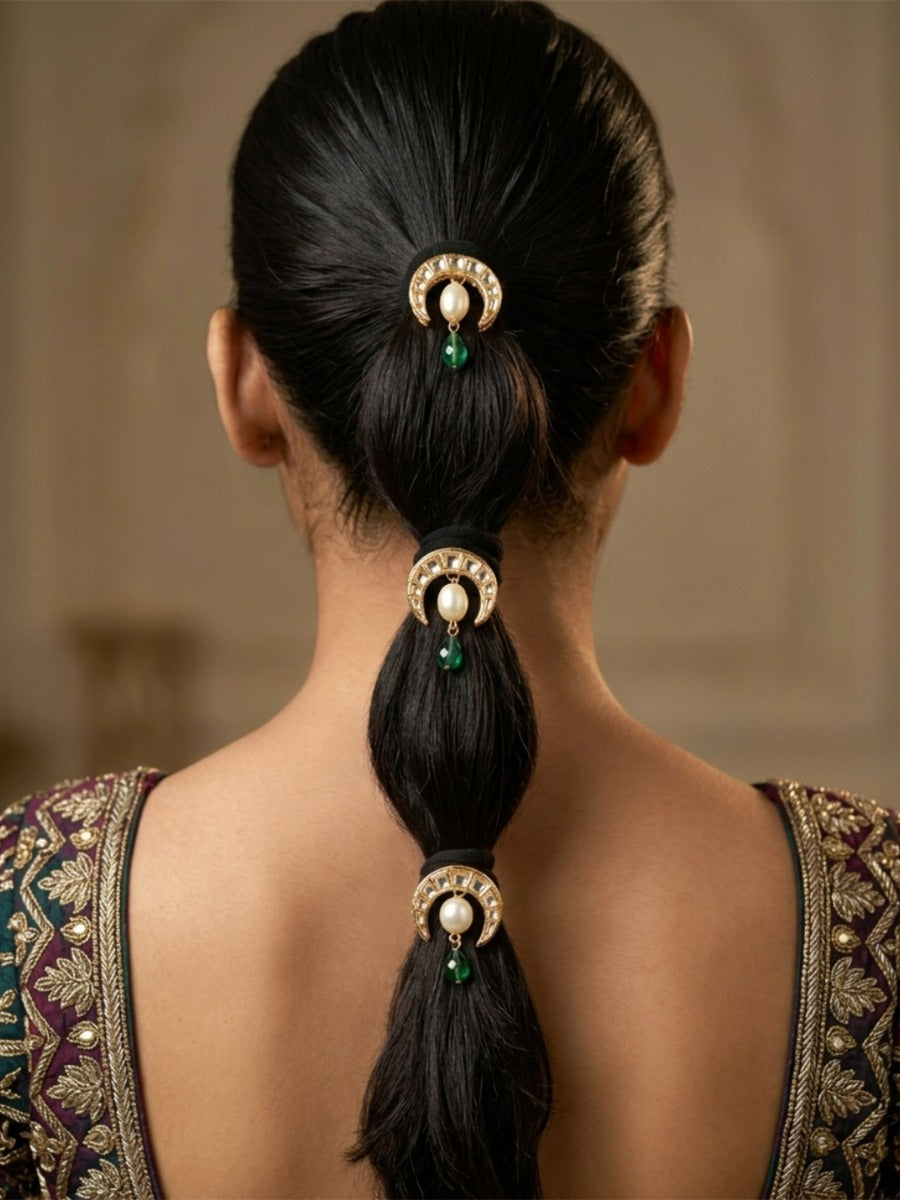 Ratnika - Little Jewel - Pack Of 3 Hair Accessories With Crystal-Studded Golden Crescent Motifs, Pearl Centres And Green Gem Drops