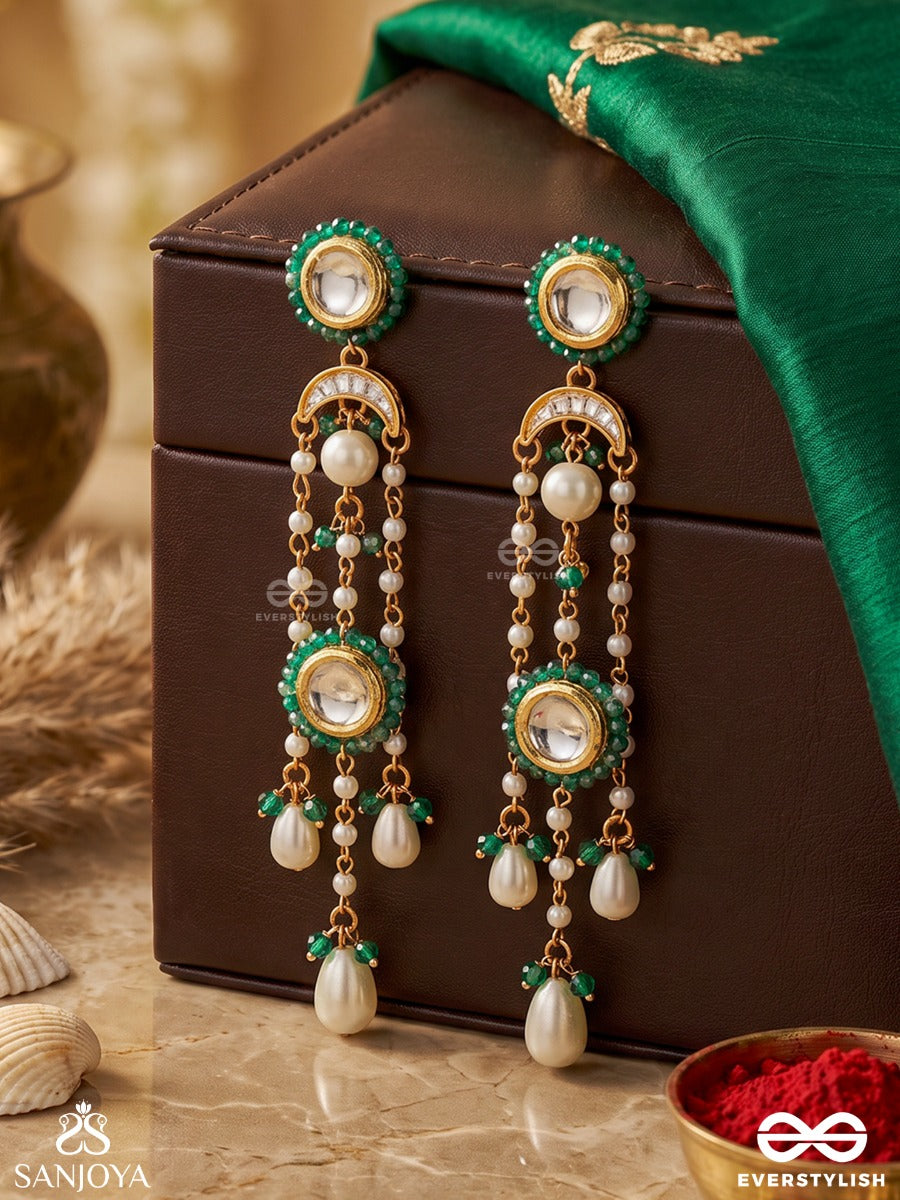 Phiroza – Precious Gem – Long Earrings With Green Gem Borders, Circular Kundan Motifs, Pearl Chains And Cascading Drops