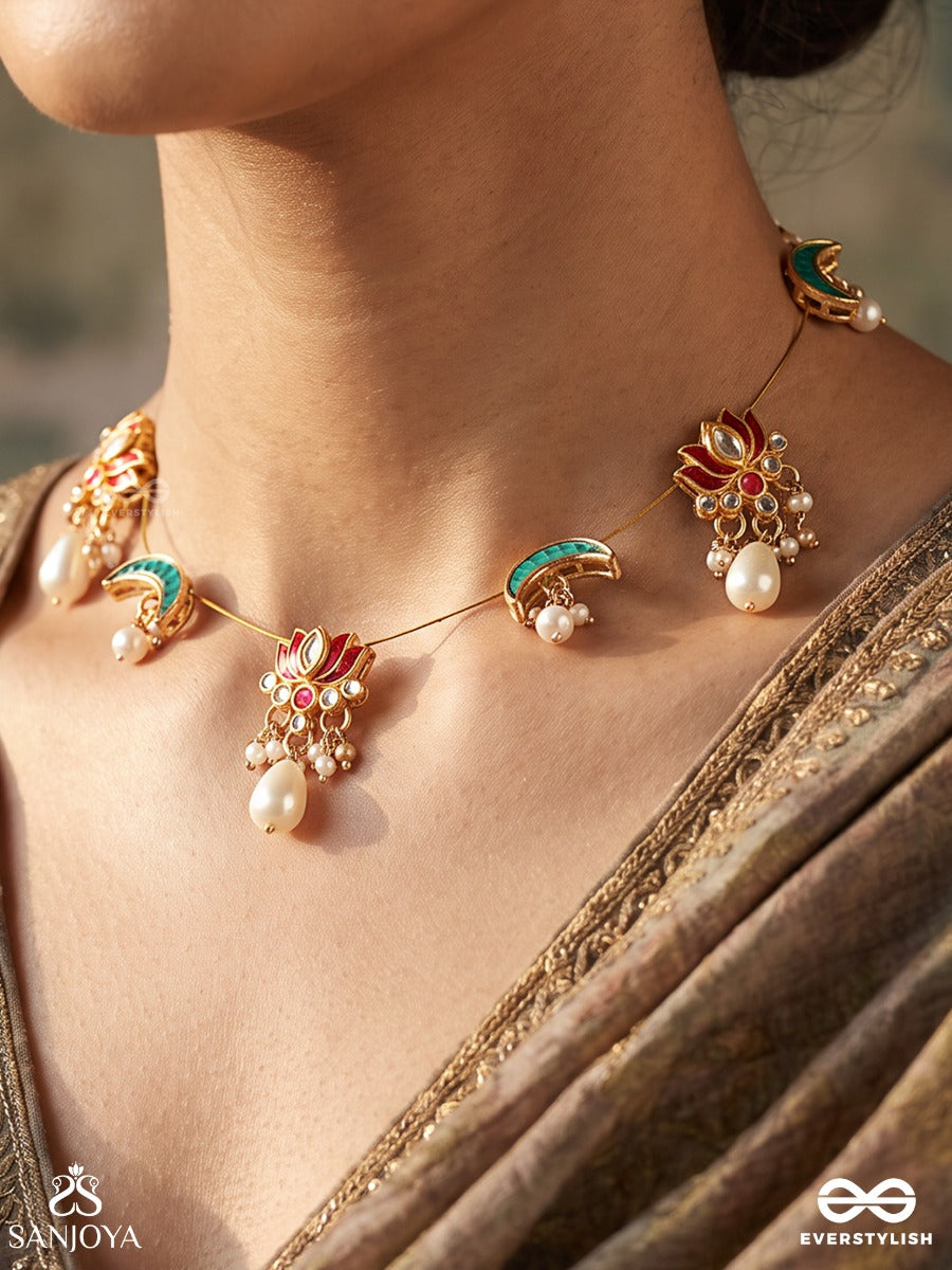 Madhurima – Sweet Grace – Heritage Necklace With Enamel Crescent Motifs, Coral Floral Clusters, Pearl Drops And Golden Detailing