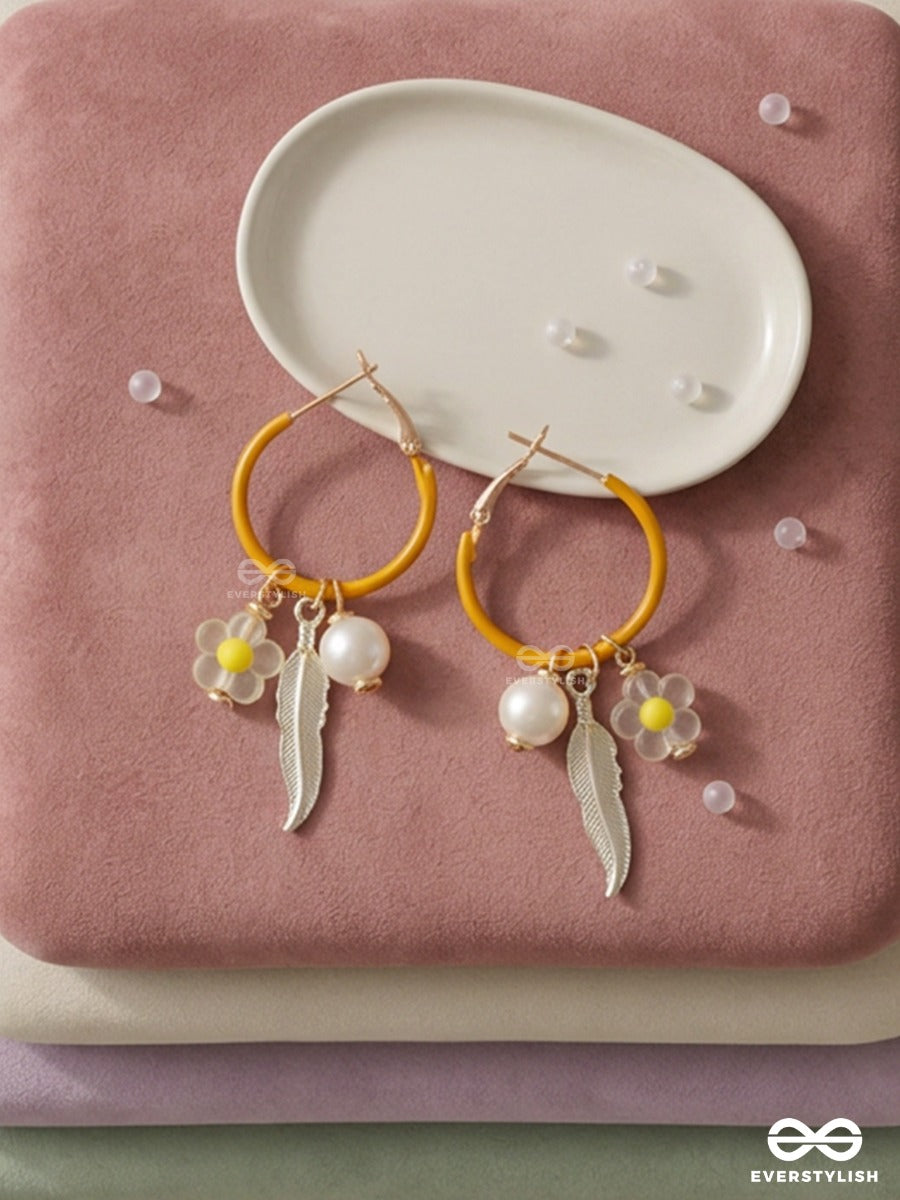 Honeybird – Mustard Hoop Earrings With Pearl, Floral And Feather Charms
