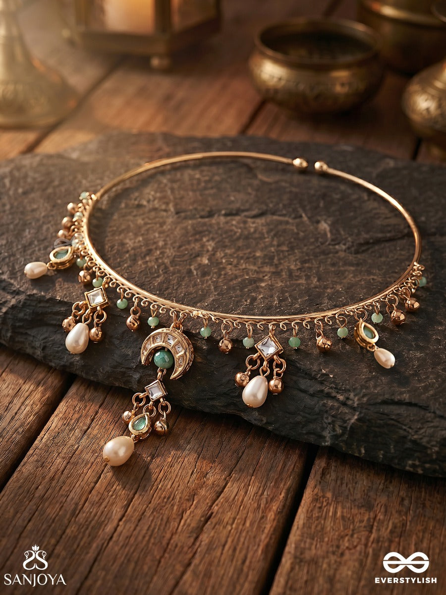 Waridhini – Bearer Of Rain – Heritage Hasli Necklace With Aqua Enamel Motifs, Pearl Drops And Delicate Kundan Charms