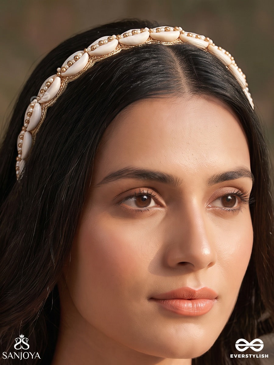 Shrutakeerti – Famed For Virtue – Heritage Hair Band With Cowrie Shells, Pearl Edging And Golden Detailing