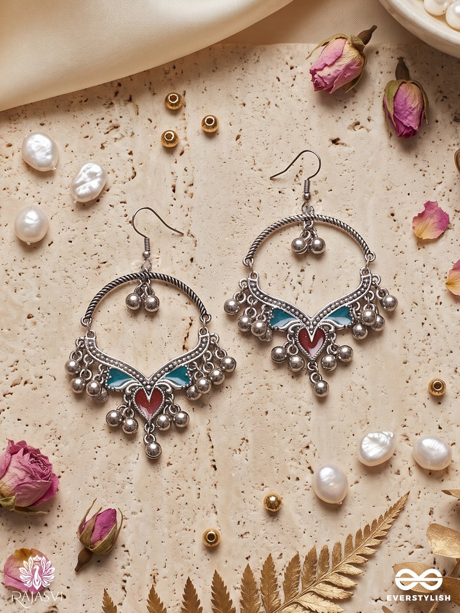 Hridini – Oxidised Hoop Earrings With Red And Turquoise Enamel Accents And Ghungroo Drops