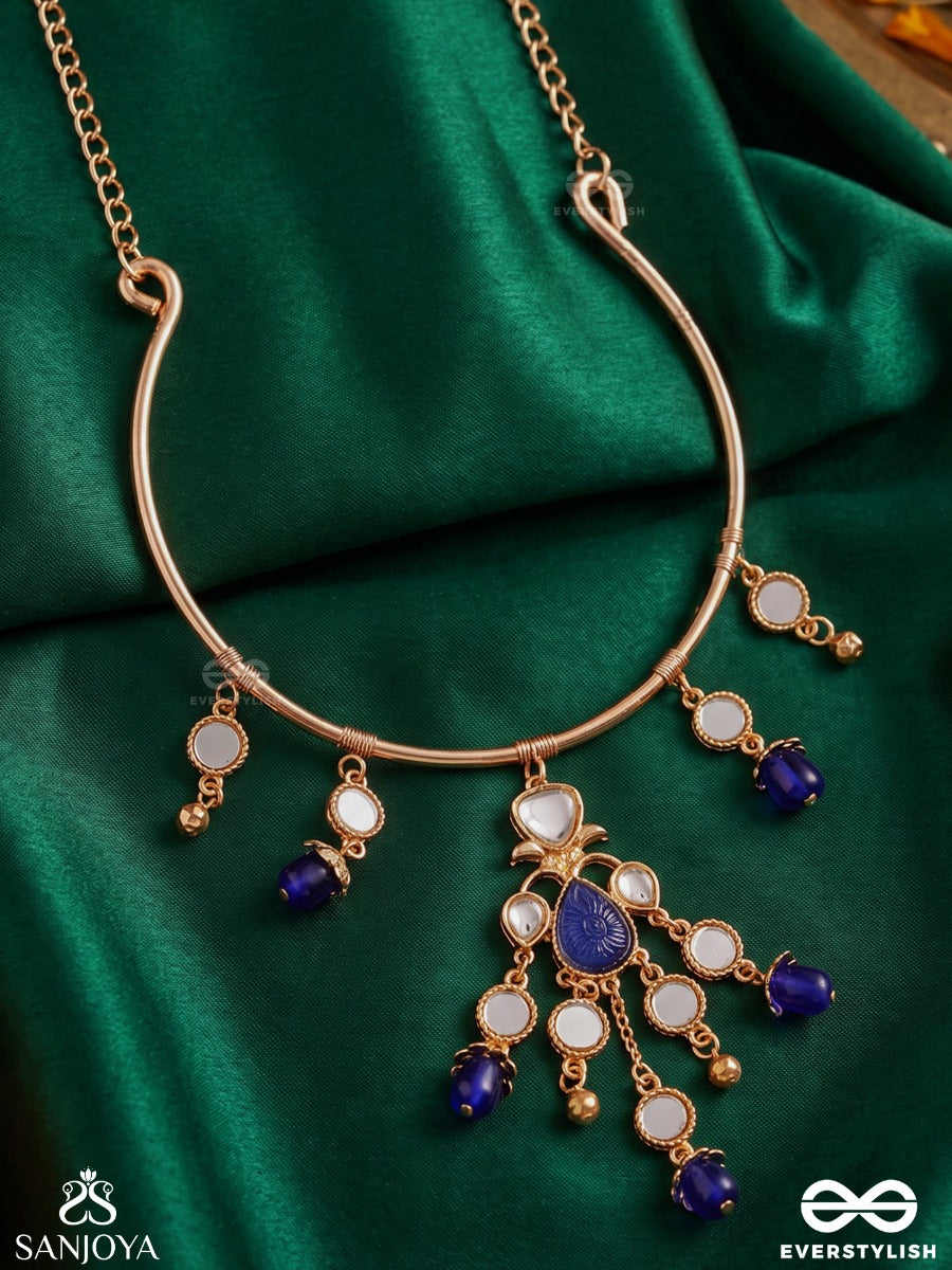Parnika – Leaf Of Grace – Heritage Hasli Necklace With Blue Crystal Drops, Mirror Accents And Delicate Chain Cascades