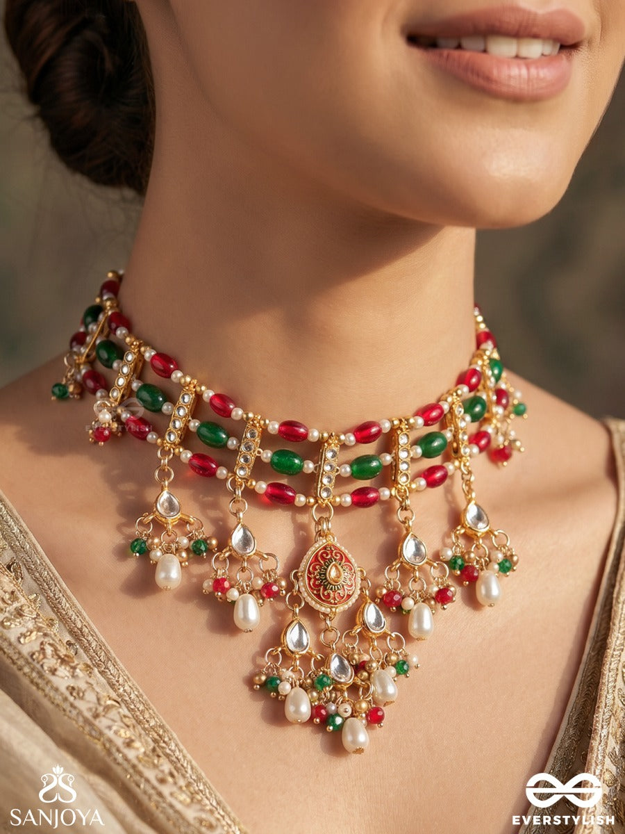 Zarmeena – Golden Bloom – Ornate Necklace With Multi-Colour Kundan Panels, Floral Dangling Motifs And Pearl Accents