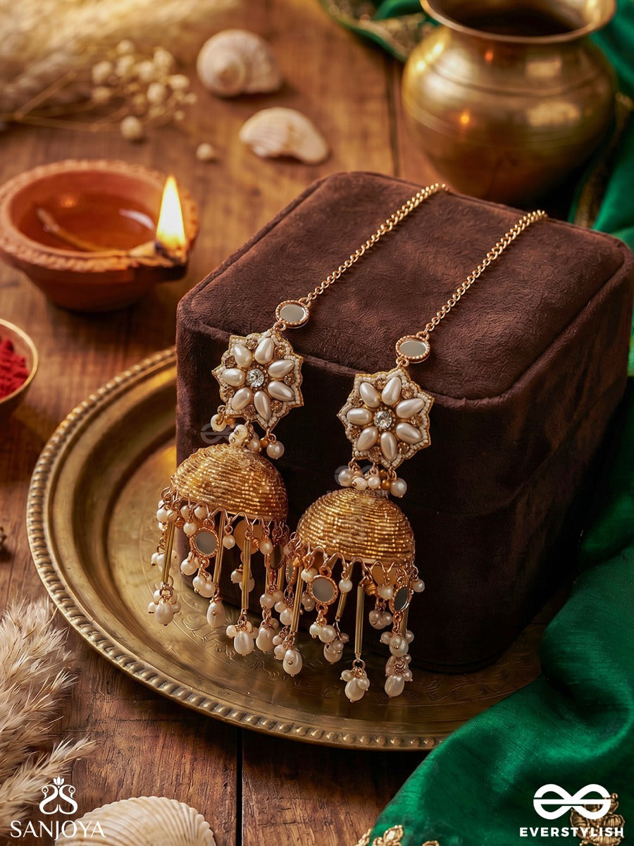 Noormala – Garland Of Light – Ornate Kaanchain Earrings With Handcrafted Pearl Clusters, Filigree Jhumkas And Delicate Ear Chains
