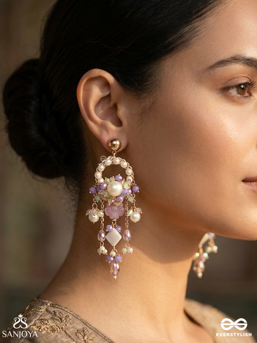 Mriduvani – Soft Melody – Elegant Earrings With Pearl-Edged Hoop Motifs, Blush Pink Floral Centers, Soft Pastel Bead Accents And Delicate Dangling Details
