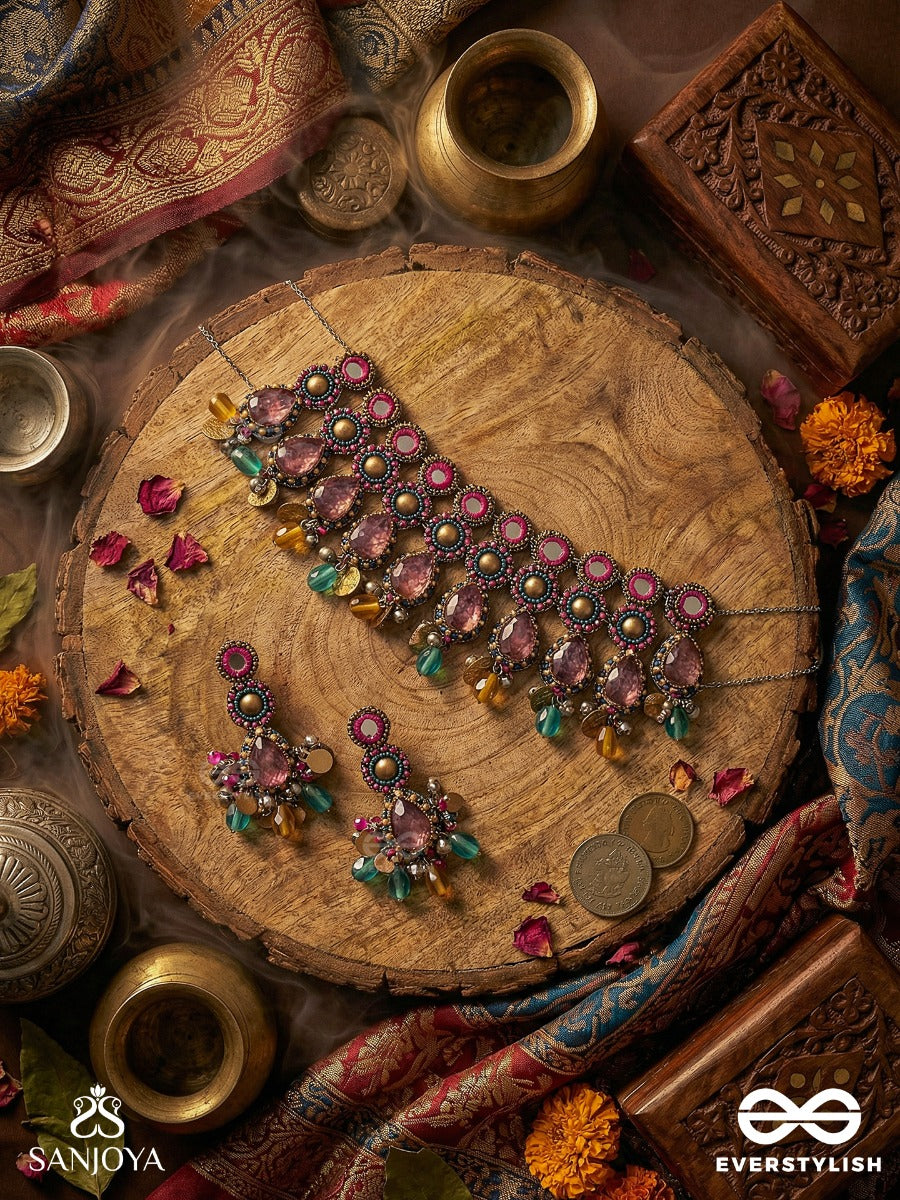 Vashikrit - The Hypnotic Tiers - Mirror, Stones, Coins And Glass Drops Hand Embroidered Set With Oxidised Choker Neckpiece & Earrings
