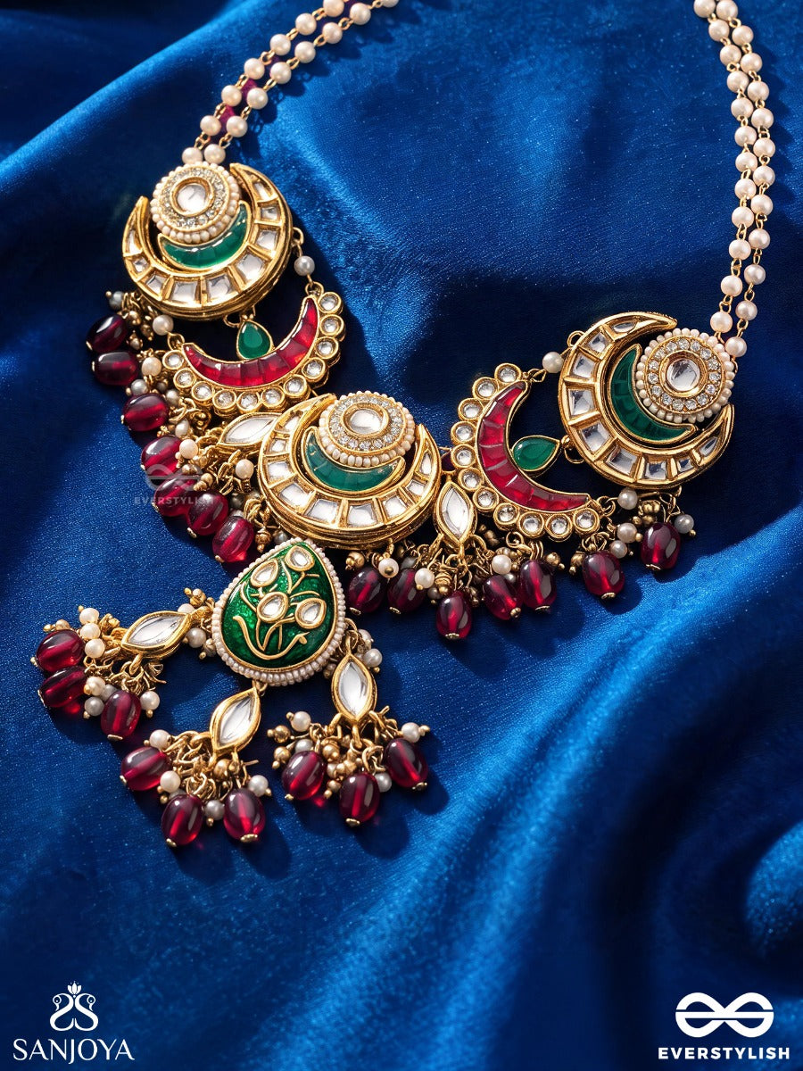 Sindurya - Scarlet Rays- Grand Crescent Enamel Kundan Necklace With Pearls And Beads