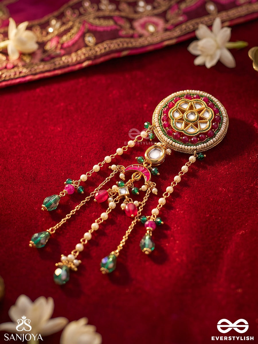 Chitramala – Garland Of Art – Heritage Hair Accessory With Kundan Medallion, Meenakari Detailing, Pearl Chains And Emerald Drops