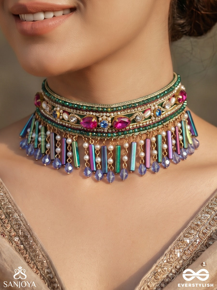 Samragyi – Empress – Heritage Choker With Multi-Colour Meenakari, Kundan Detailing And Dangling Crystal Fringes