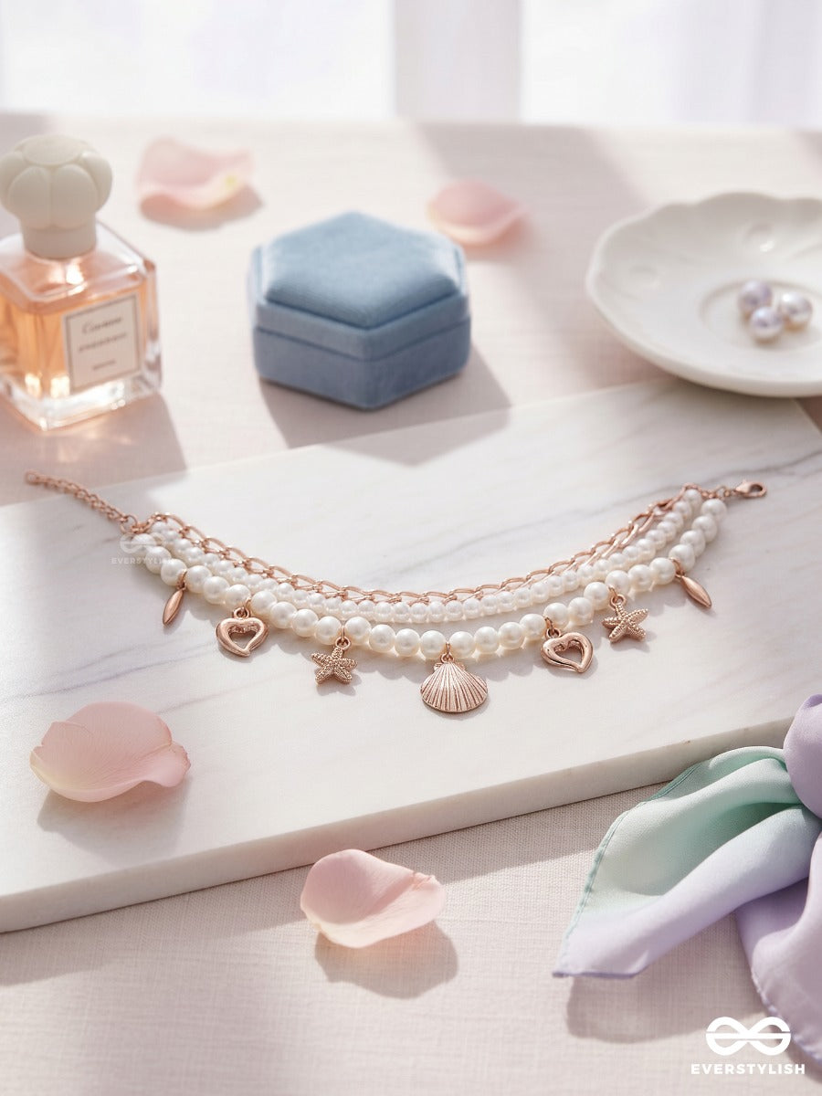 Ocean Keepsake – Triple-Layer Golden Pearl Anklet (Single) With Starfish, Shell And Heart Charms