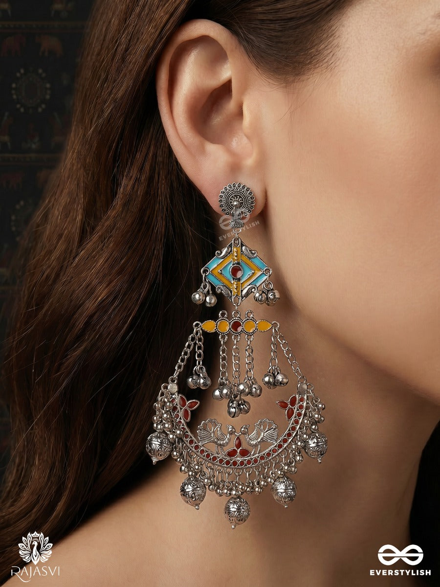 Rajmeenakari – Oxidised Chandbali Earrings With Blue Enamel Motifs, Lotus Filigree And Ghungroo Drops