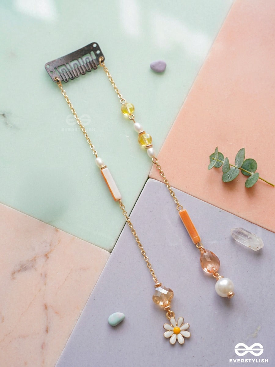 Garden Twinkle – Double-Chain Hair Clip With Turquoise Beads, Daisy Charms And Gold Chains