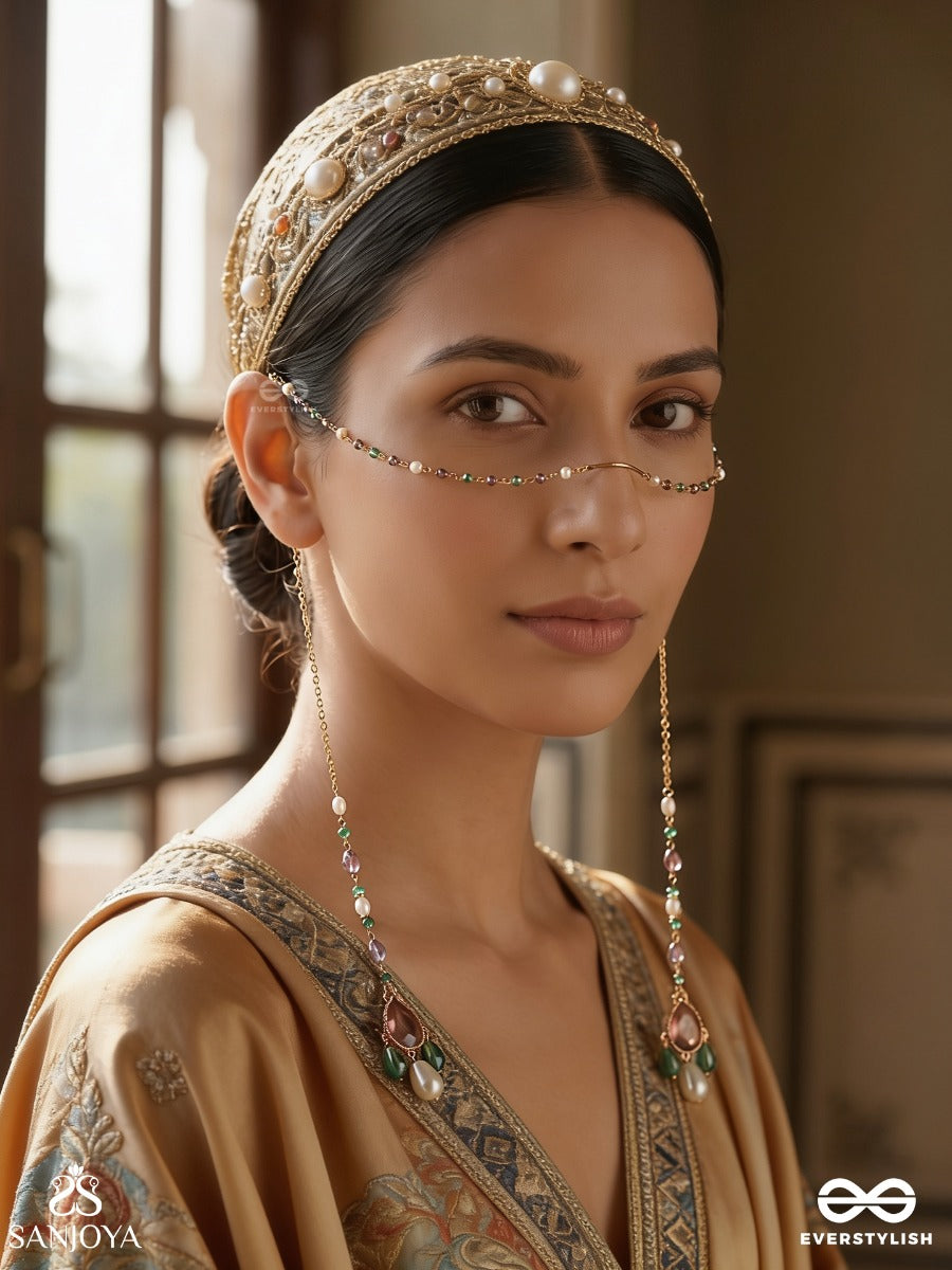 Vanmukhi – Forest-Faced Grace – Elegant Face Let With Green Bead Strands, Floral Side Motifs, Pearl Accents And Delicate Gold-Tone Chains