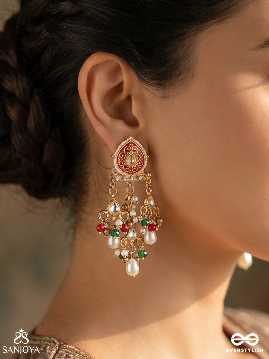 Zarmeena – Golden Bloom – Ornate Earrings With Enamelled Floral Tops, Multi-Colour Gem Clusters, Pearl Drops And Dangling Accents