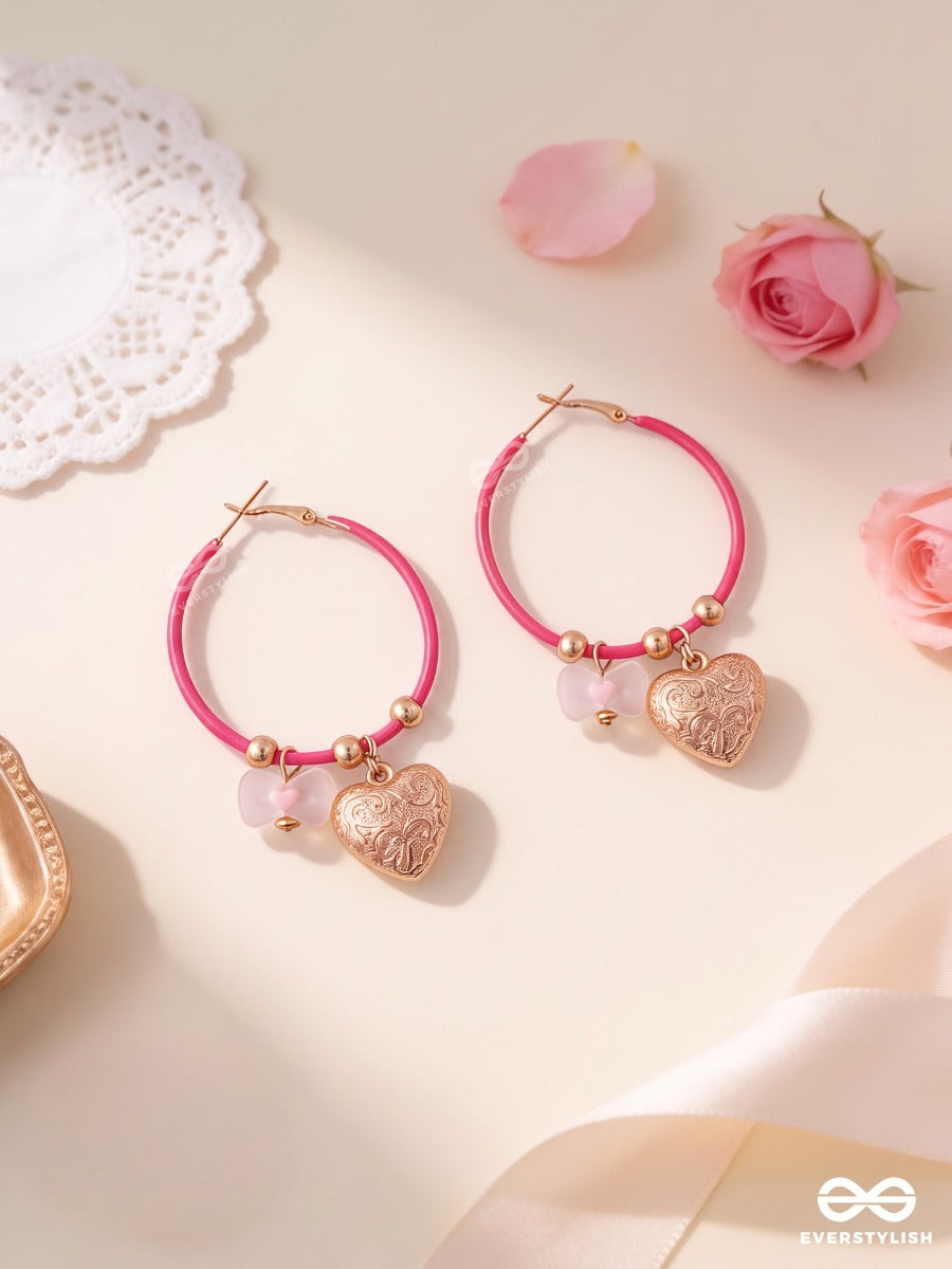 Heart Hush – Pink Hoop Earrings With Embossed Heart Charms
