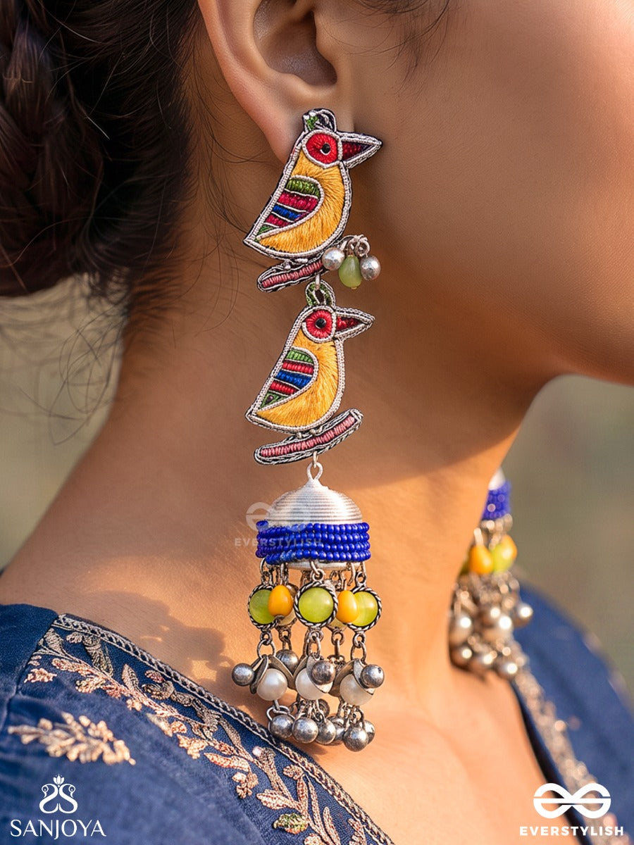 Chakli – Little Sparrow – Navratri Inspired Earrings With Colourful Bird Motifs, Thread-Wrapped Jhumkas, Vibrant Beads And Oxidised Ghungroos