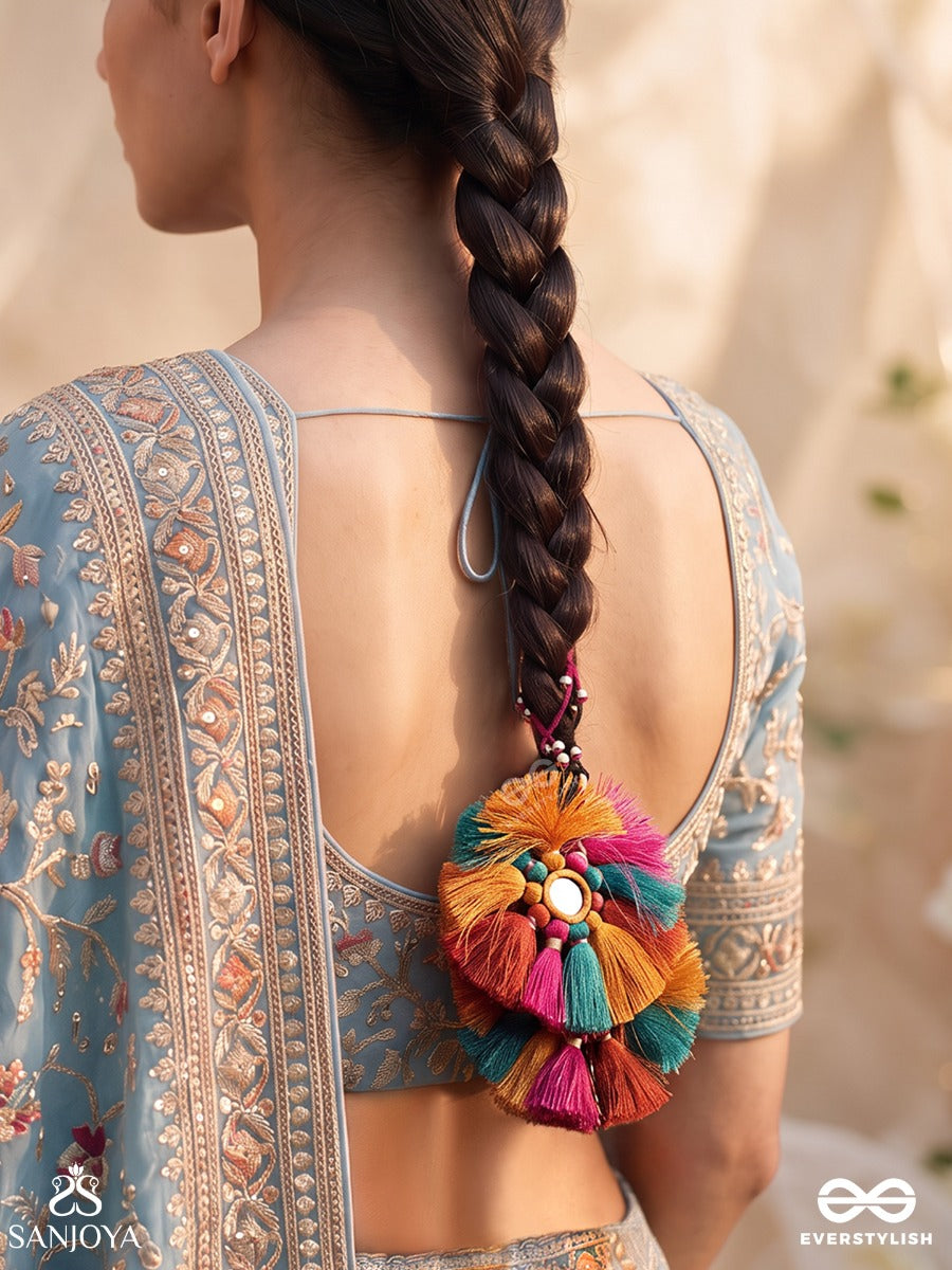 Chitrapankhi – Colourful Wings – Boho Juda Hair Accessory With Multicolour Thread Rosettes, Mirror Work And Ghungroo Charms