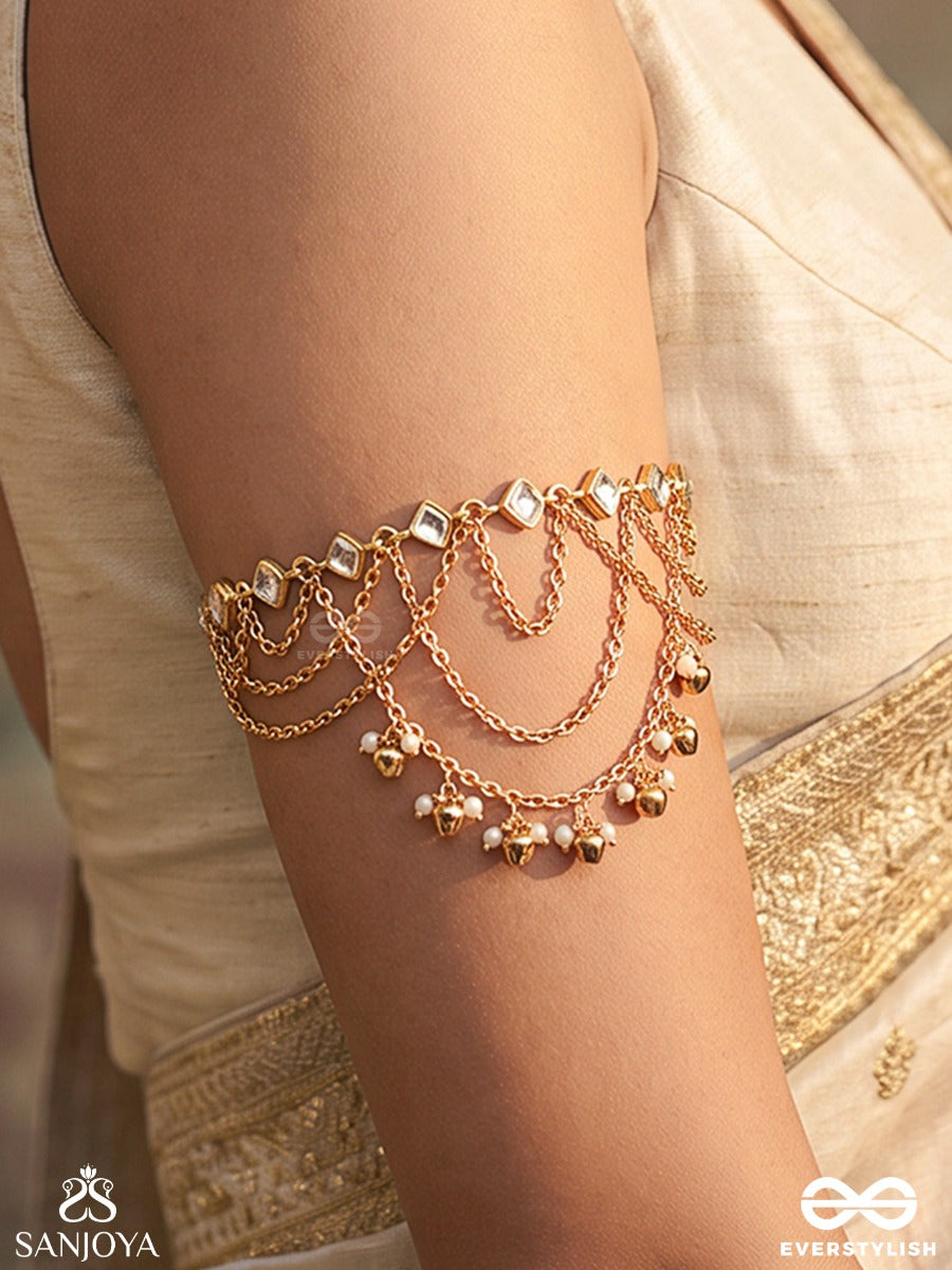 Chandraveni – Moon Braid – Heritage Armlet (Single) With Layered Moon Arches, Pearl Edging, Ghungroo Accents And Golden Detailing