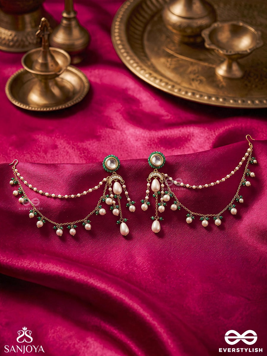 Quinara – Precious Grace – Elegant Ear Chain Earrings With Emerald Bead Accents, Lustrous Pearl Drops, Layered Golden Chains And Ornate Circular Stud Detailing