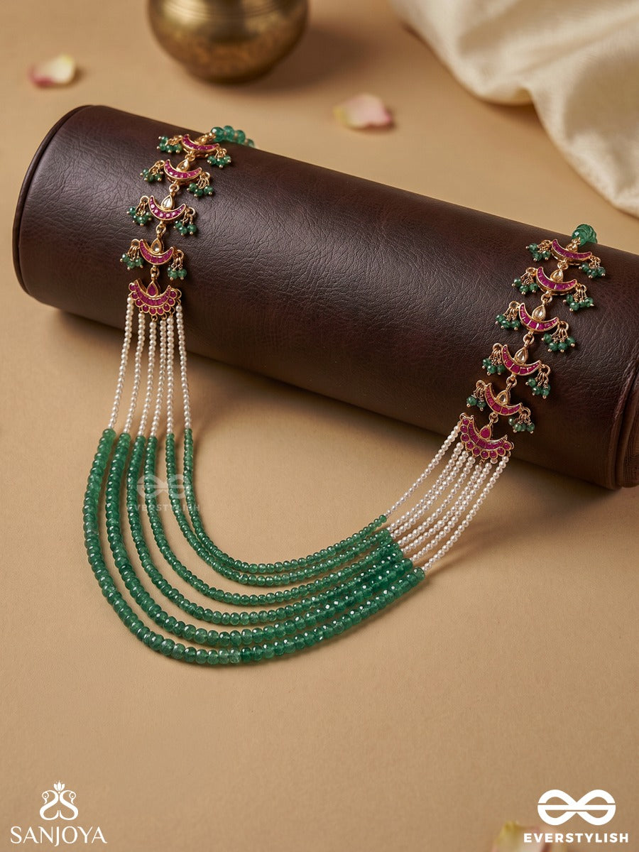 Ruhaanika – Soulful Elegance – Multi-Layer Rani Haar With Emerald Bead Strands, Pearl Layers And Enamel Crescent Motifs