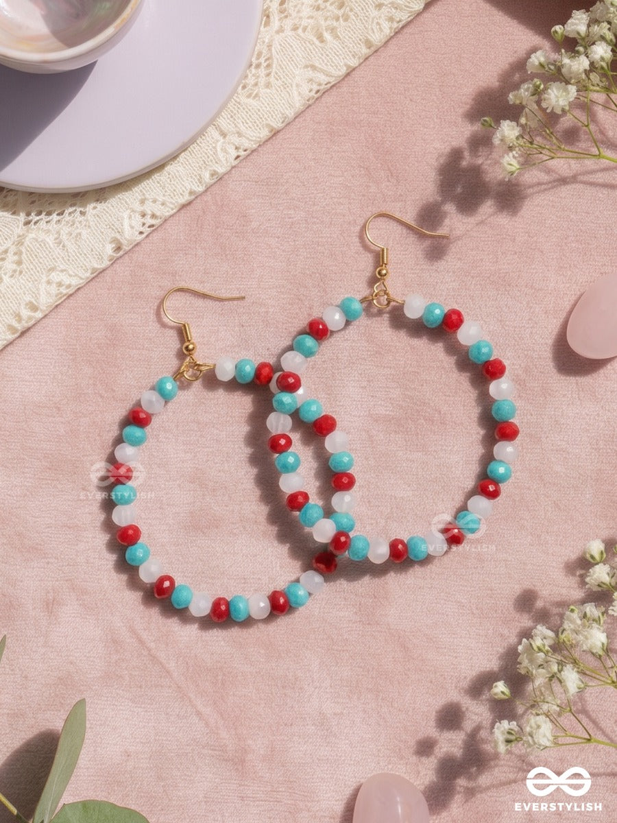 Lagoon Pop – Turquoise, Ruby And Ivory Beaded Oval Hoop Earrings