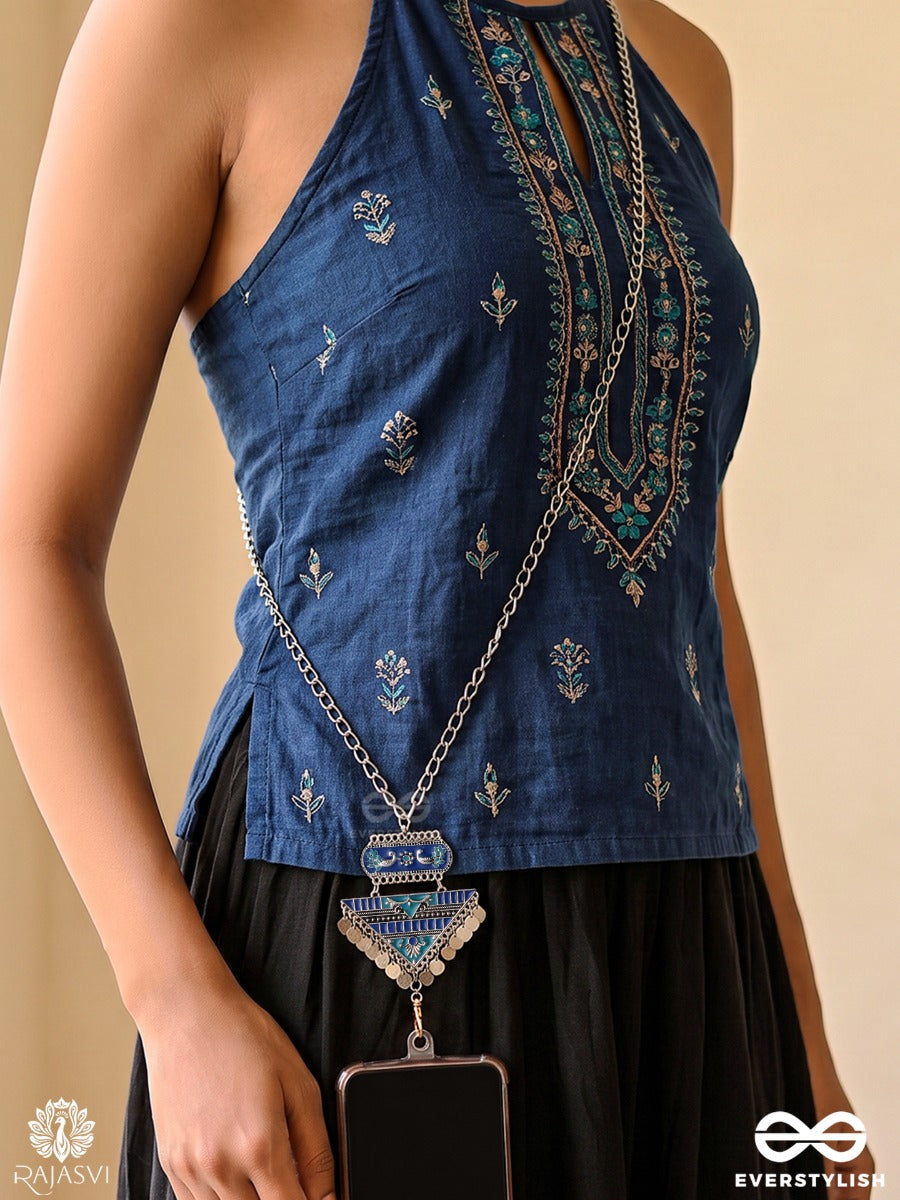 Jhankriti – Oxidised Phone Charm With Blue Enamelled Heritage Motif And Silver-Tone Details