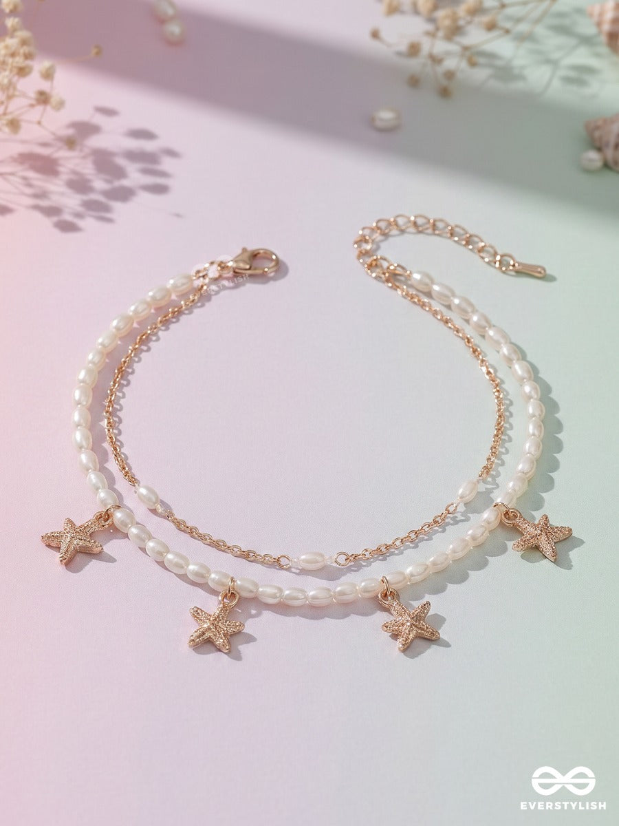 Pearl Starlight – Golden Anklet (Single) With Starfish Charms And Pearl Accents