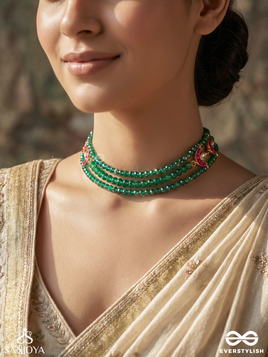 Parnashree – Leaf Of Splendour – Multi-Strand Choker With Emerald Beadwork, Enamel Crescent Motifs And Heritage Details