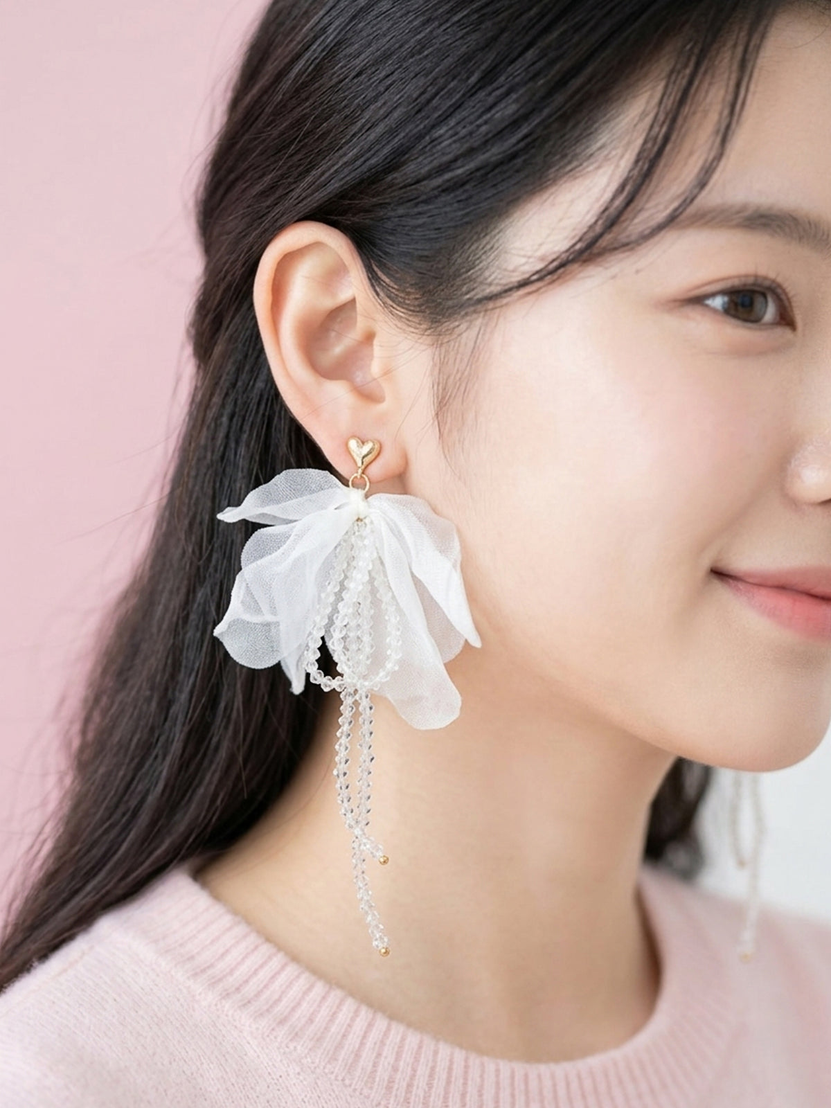 Milky Bloom - White Organza Petal Earrings With Beaded Details