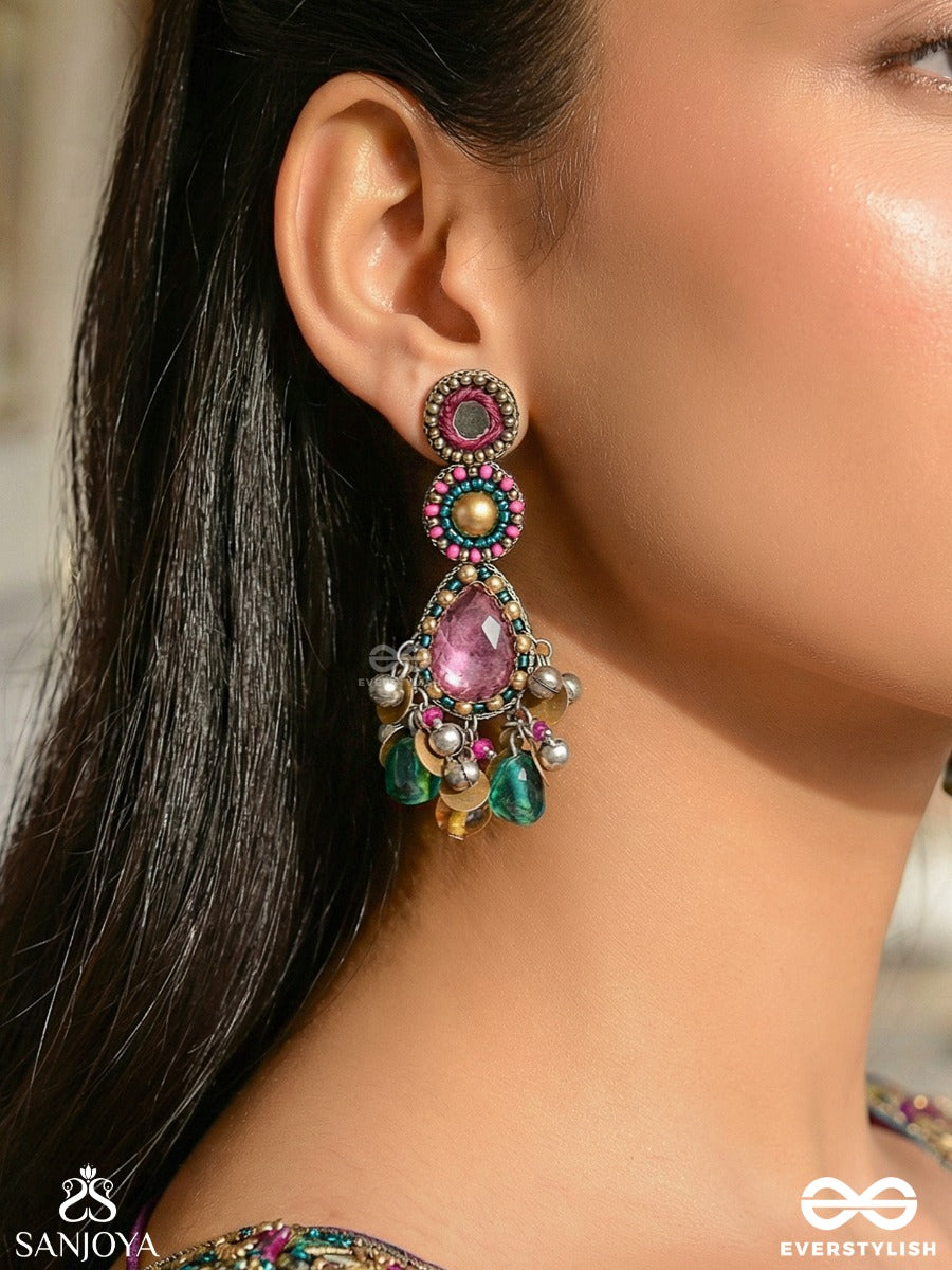 Vashikrit - The Hypnotic Tiers - Mirror, Stones, Coins And Glass Drops Hand Embroidered Oxidised Earrings
