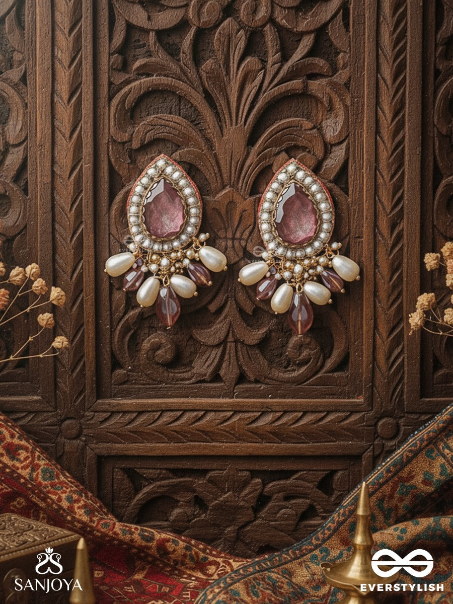 Atyala - The Rosy Raindrop - Stone, Beads And Glass Drop Hand Embroidered Earrings