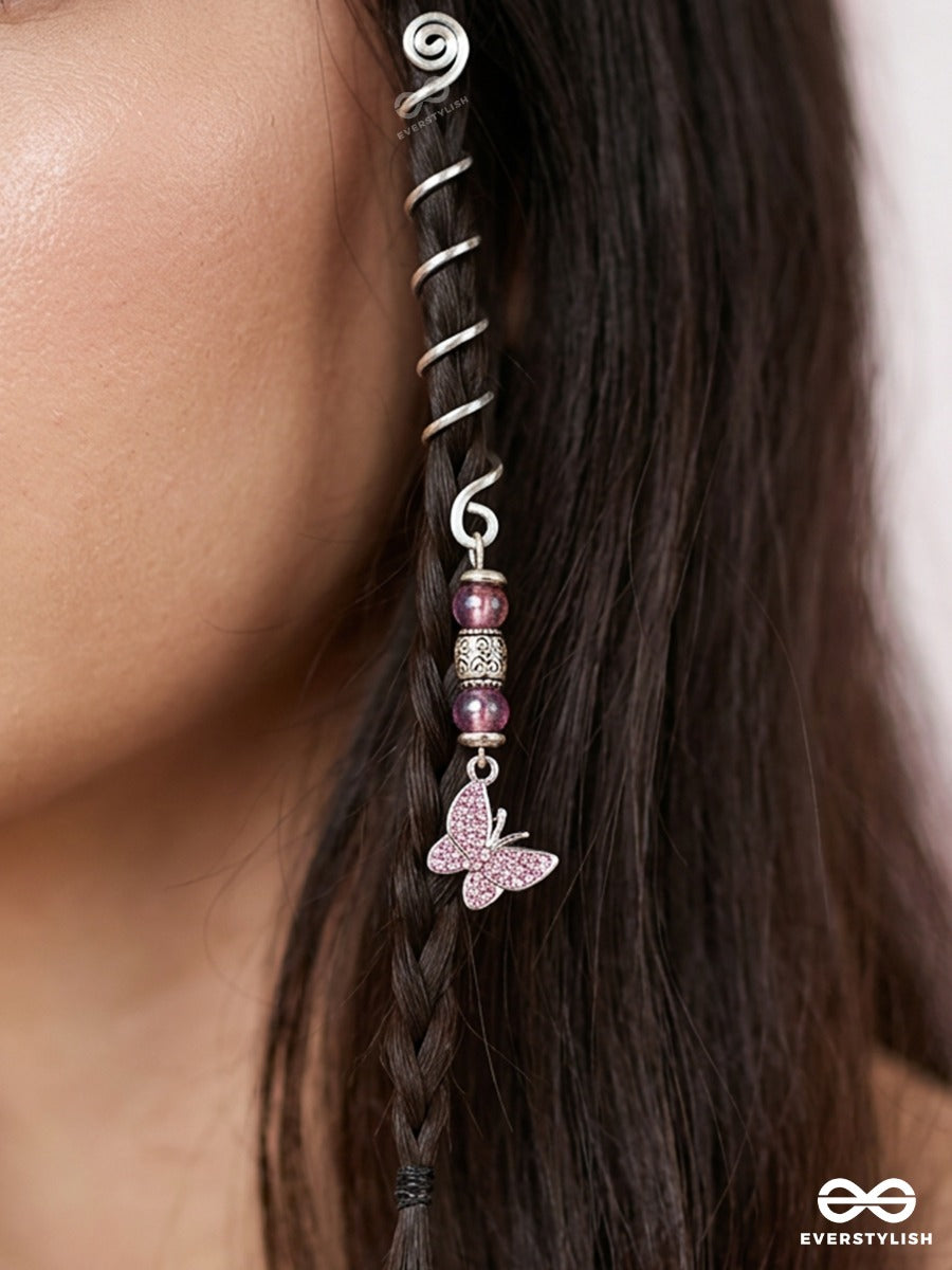 Rosewing – Silver Spiral Braidlet With Pink Beads And Butterfly Charm