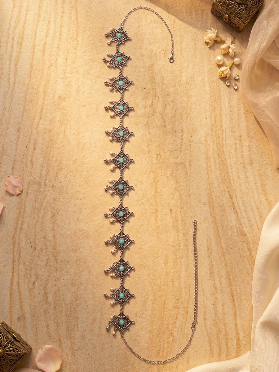 Parnavi – Oxidised Waist Chain With Floral Motifs And Green Stone Accents