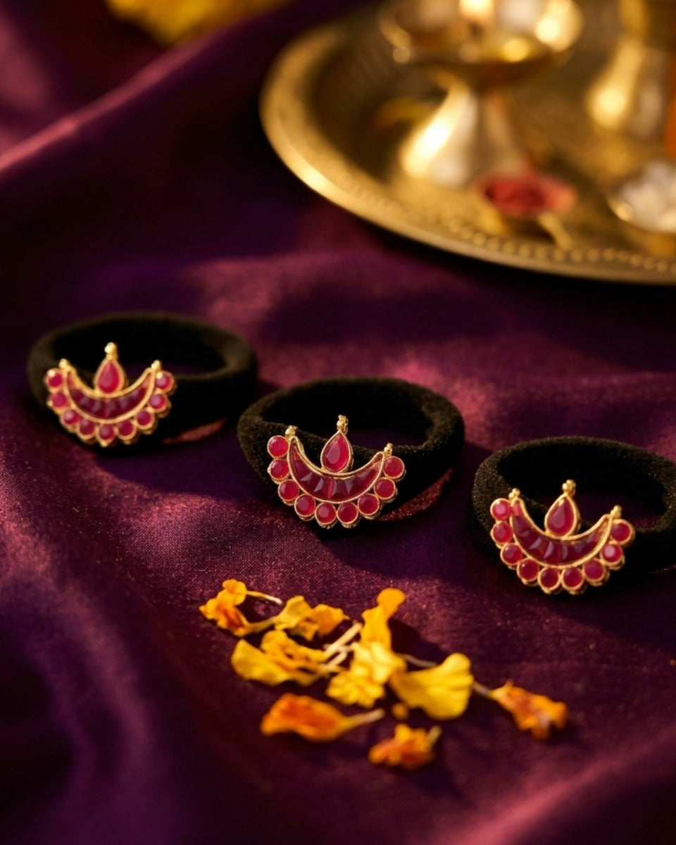 Shonali - Crimson Glow - Pack Of 3 Hair Accessories With Ornate Crescent Motifs, Pink-Red Enamel And Golden Details