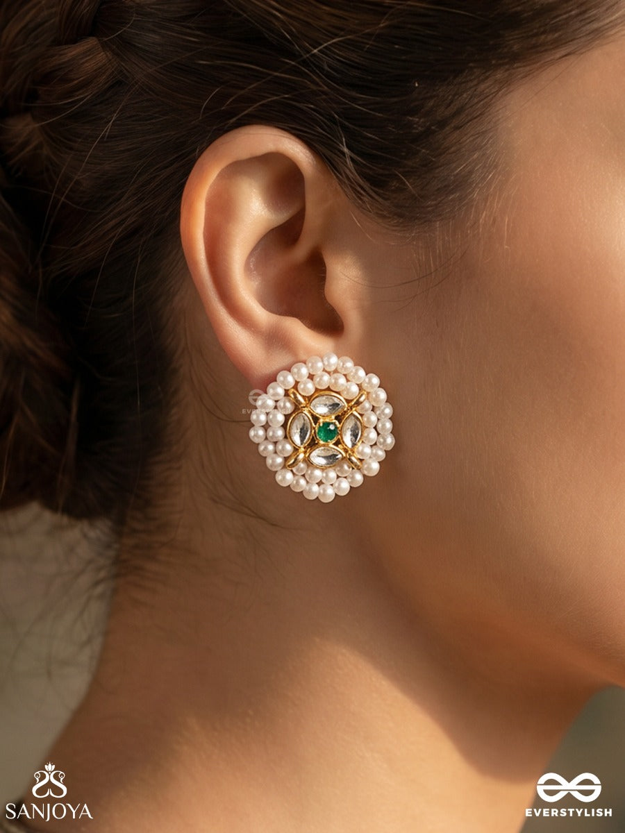 Prabhanvi – Radiant Light – Floral Stud Earrings With Pearl Petals, Turquoise Centre And Golden Detailing