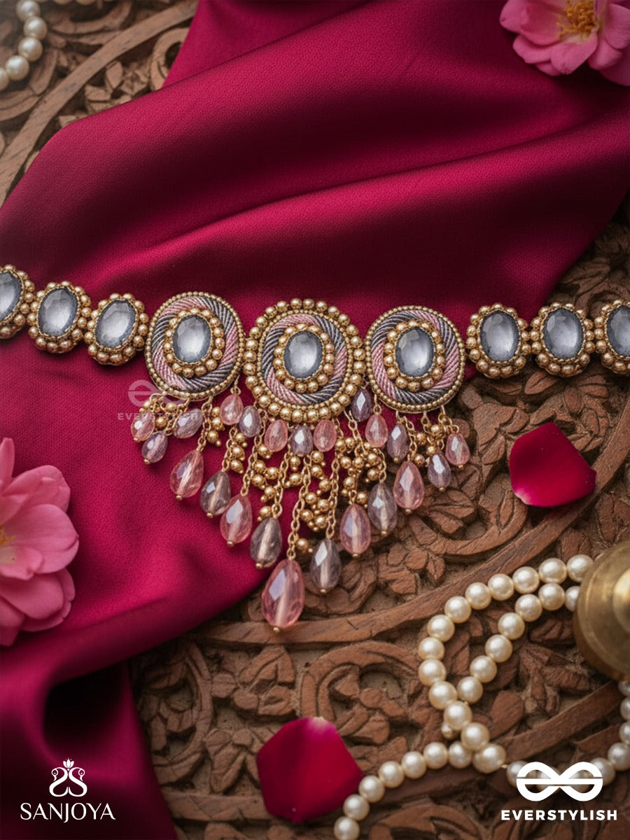 Bijaksara- The Secret Spell- Stones, Beads And Glass Drops Hand Embroidered Choker Neckpiece