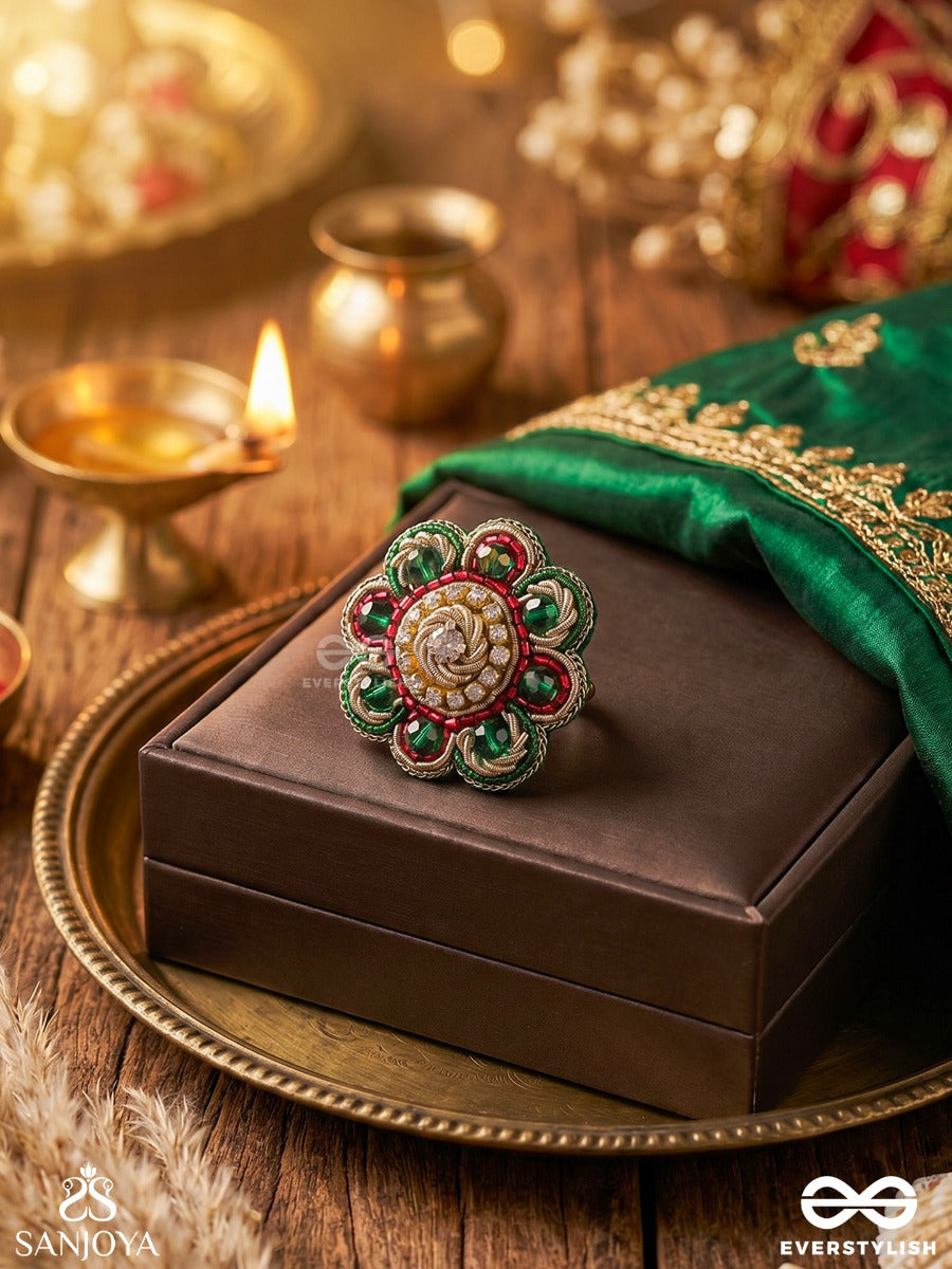 Ruhanshi – Soulful Beauty – Ornate Ring With Kundan Centrepiece And Colourful Floral Accents