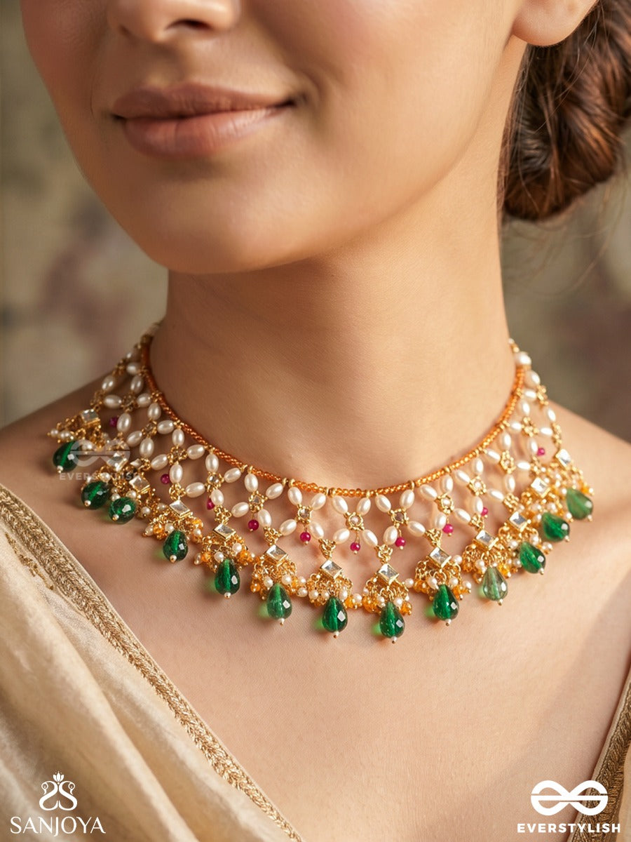 Vrindamala – Garland Of Divine Blooms – Heritage Choker With Mother-Of-Pearl Floral Lattice, Emerald Drops And Pink Gem Accents