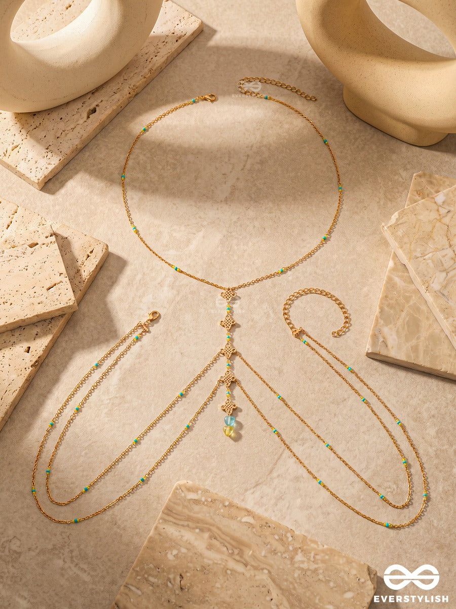 Sea Sprig – Layered Golden Body Chain With Pastel Bead Accents And Aqua Stones